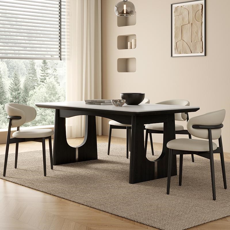 法式复古实木轻奢岩板餐桌新款侘寂风家用小户型餐桌椅组合长方形