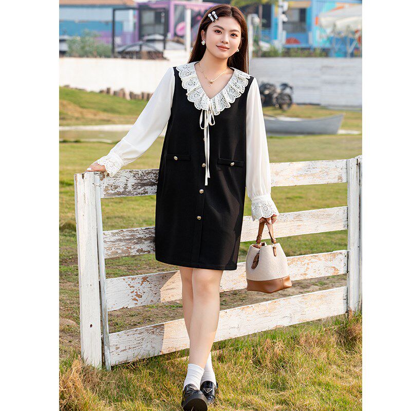 大码女装2024早秋新款连衣裙法式气质收腰显瘦胖MM长袖假两件裙子