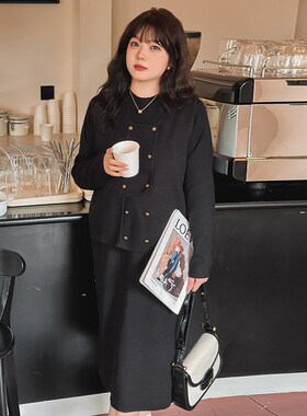 200斤大码女装套装连衣裙外搭马甲2024冬胖mm显瘦针织两件套21927