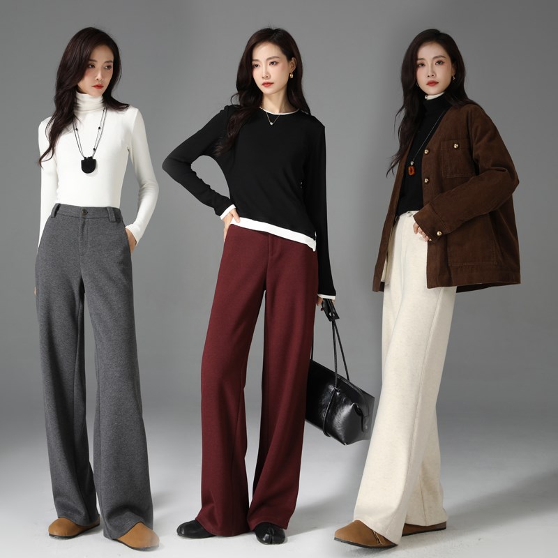 安可拉红毛呢阔腿裤女秋冬2024新款羊毛休闲裤宽松加绒裤子直筒裤