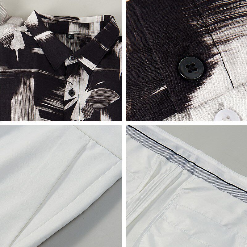 套装男高级感时尚男士休闲商务两件套男款衬衫搭配白色五分裤短裤