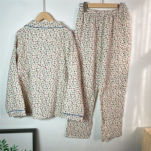 纯棉绉纱睡衣女春秋长袖薄款家居服碎花简约全棉套装