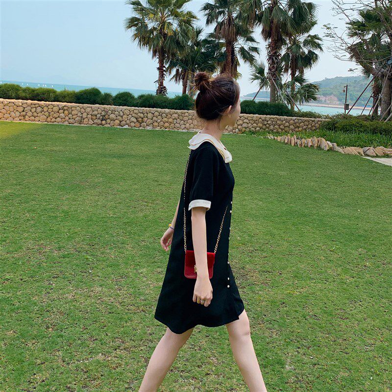 裙子女夏中长款小个子双层娃娃领短袖排扣雪纺衬衫连衣裙