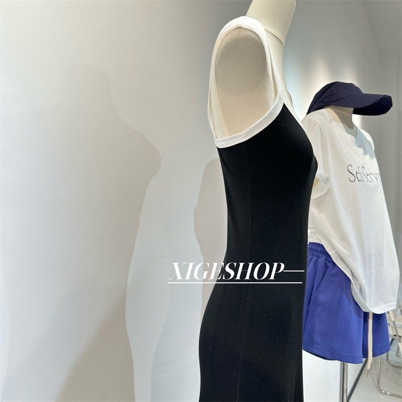 美式街头黑色显瘦吊带背心裙女收腰螺纹弹力a字休闲无袖连衣裙夏