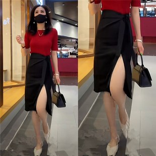 2024夏季一整套搭配套装七分袖针织上衣黑色包裙半身裙两件套装