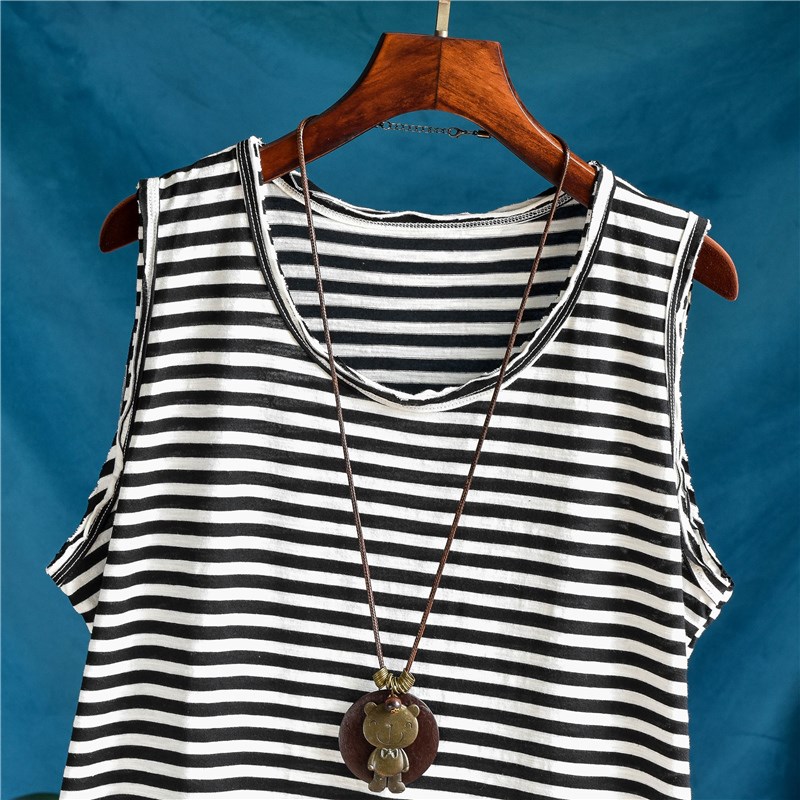 长款破洞条纹背心女内搭无袖竹节棉宽松卫衣外叠穿春秋吊带打底衫