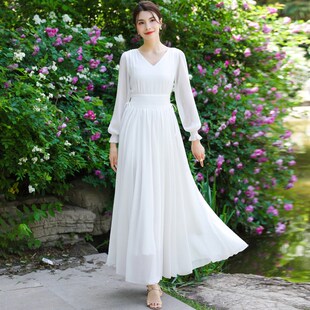 复古v领长袖白色雪纺系带连衣裙女大摆长款海边度假裙抽绳长裙子