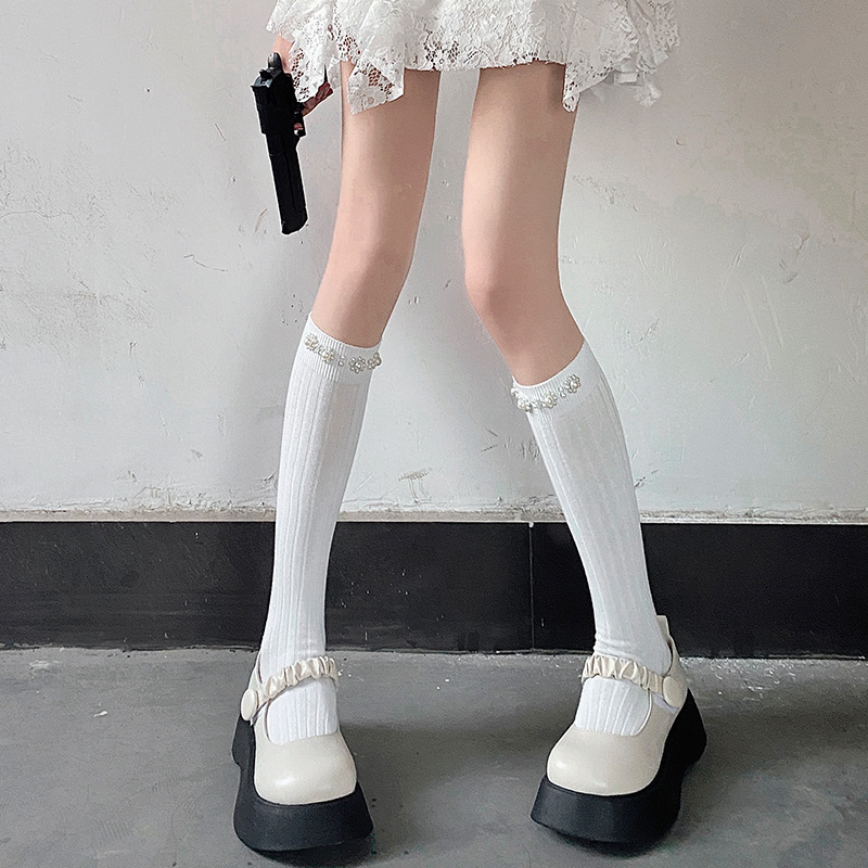 夜间教习室玛丽珍珠袜子女小腿袜秋冬白色潮网红中筒长袜半腿长筒