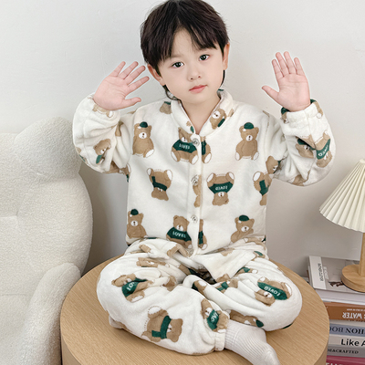 2025新款女童法兰绒睡衣男童秋冬季儿童宝宝珊瑚绒女孩家居服套装