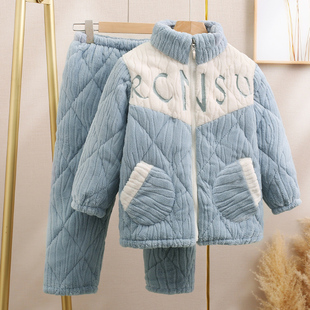 儿童睡衣冬季男童珊瑚绒三层加厚夹棉中大童男孩法兰绒家居服加绒