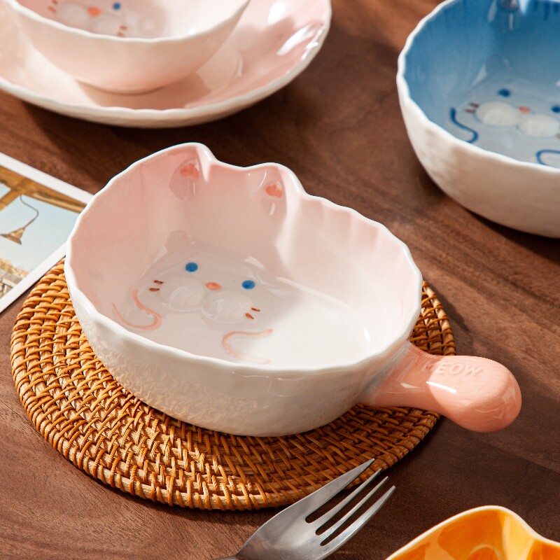 嘟嘟猫带手柄碗大号陶瓷烘焙芝士焗饭烤碗家用高颜值可爱釉下彩,餐饮具,碗,淘宝优惠券,粉丝福利购,淘宝优惠卷