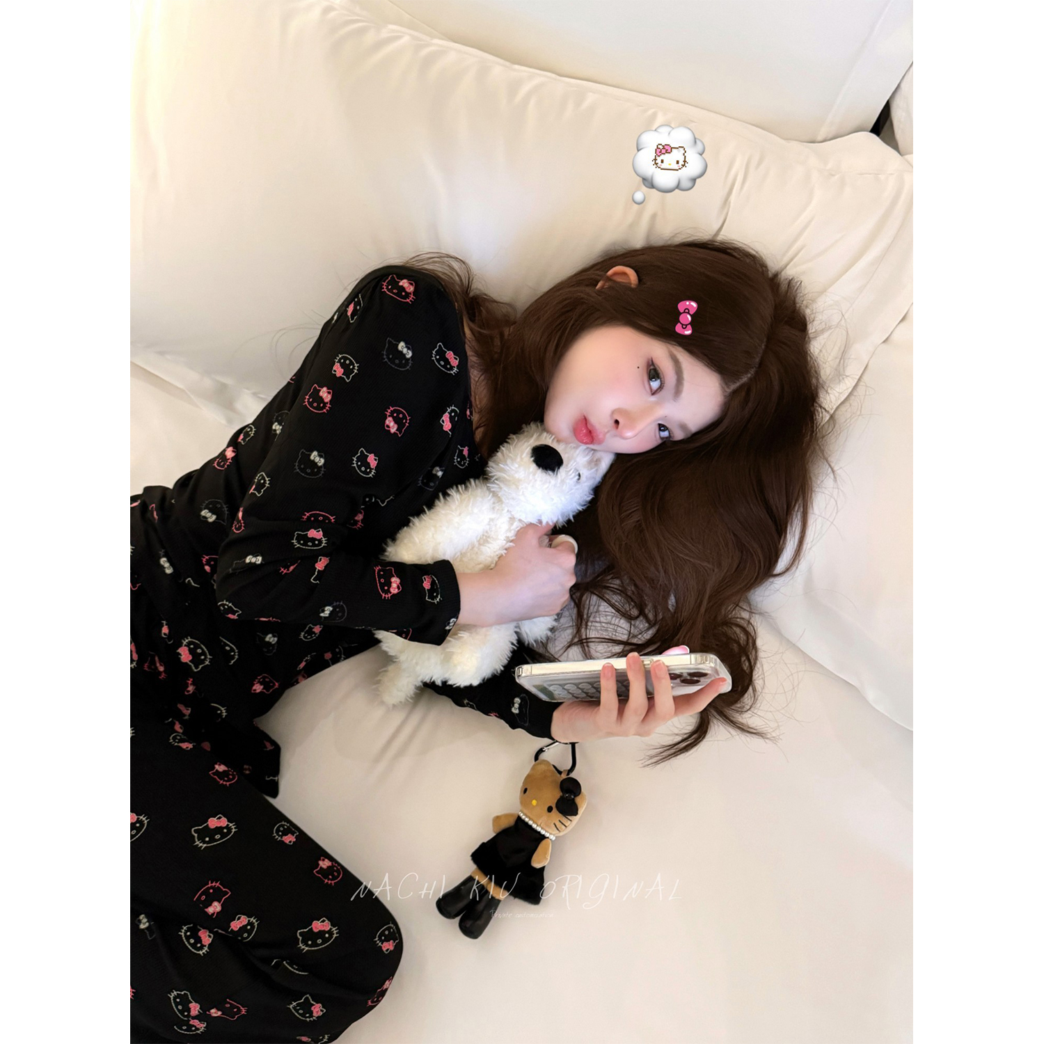 黑色kitty印花睡衣套装女