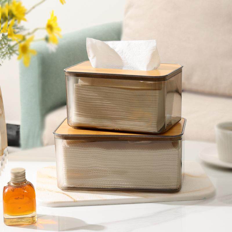 客厅家用纸巾盒茶几桌面长方形简约抽纸盒透明塑料木盖创意抽纸盒