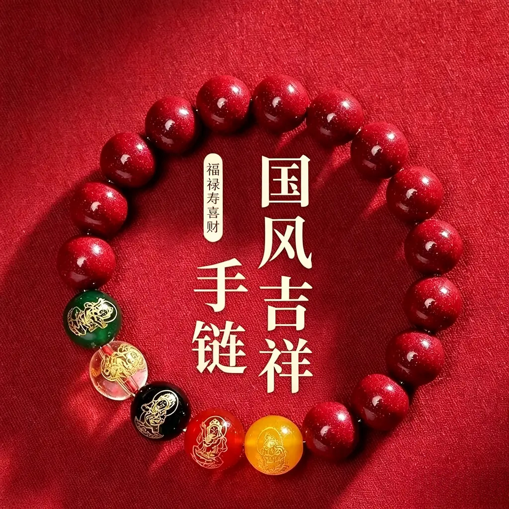 国风五福朱砂手串五路财神手链本命年转运紫金砂男女款饰品礼物