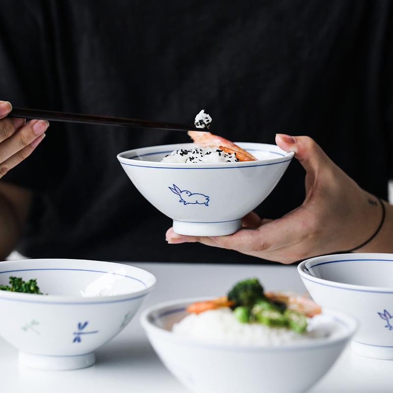IYR7 中式复古吃饭碗家用陶瓷小兔子碗米饭碗斗笠碗5英寸小碗