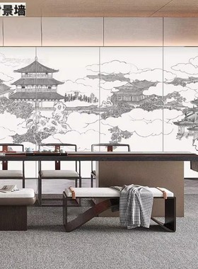 新中式阁楼塔浮雕包间竹木纤维护墙板书房茶室碳晶板背景宋氏美学