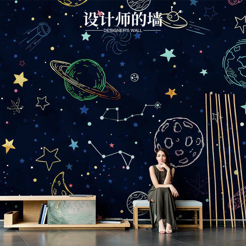 儿童房男孩女孩可爱卡通卧室立体壁纸太空世界背景墙墙布装饰壁纸
