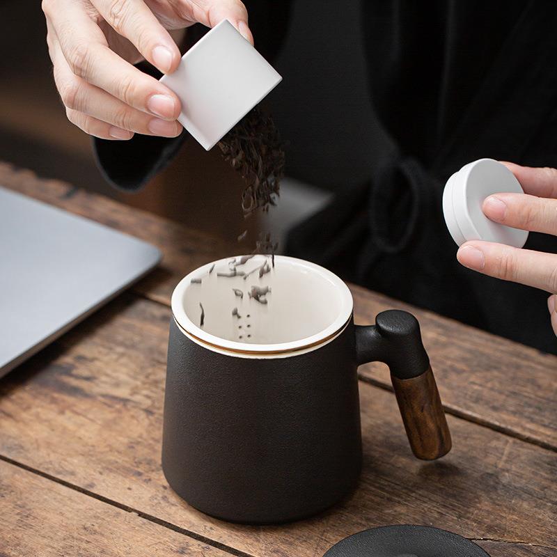 新款直销 陶瓷水杯创意黑陶马克杯茶水分离描金办公杯三件套礼品L