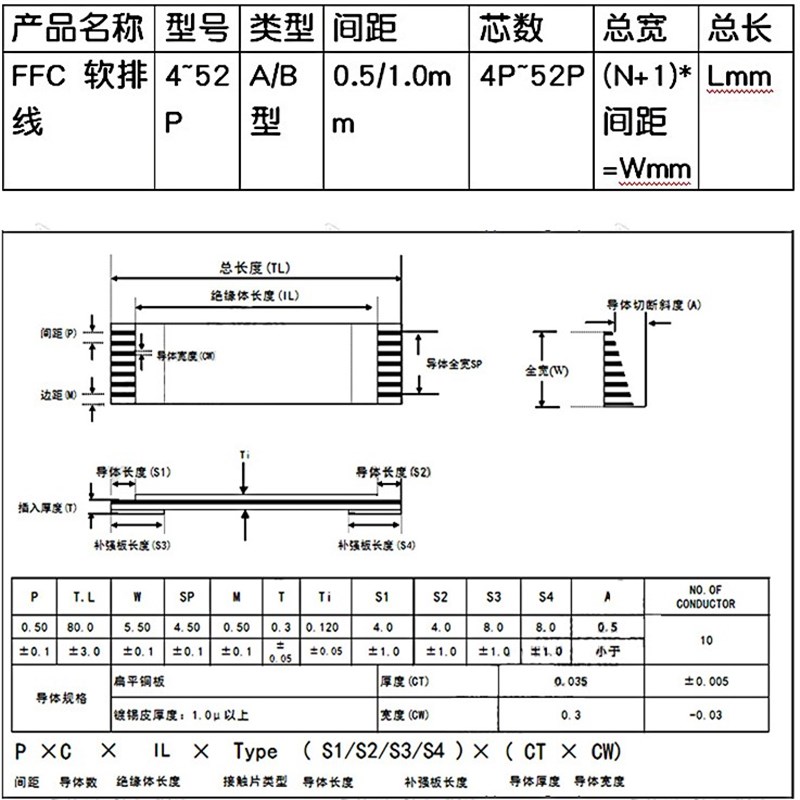 整包FFC/FPC软排线扁平线4P/6/8/10/12/14//20-60P 0.V5/1.0mm间