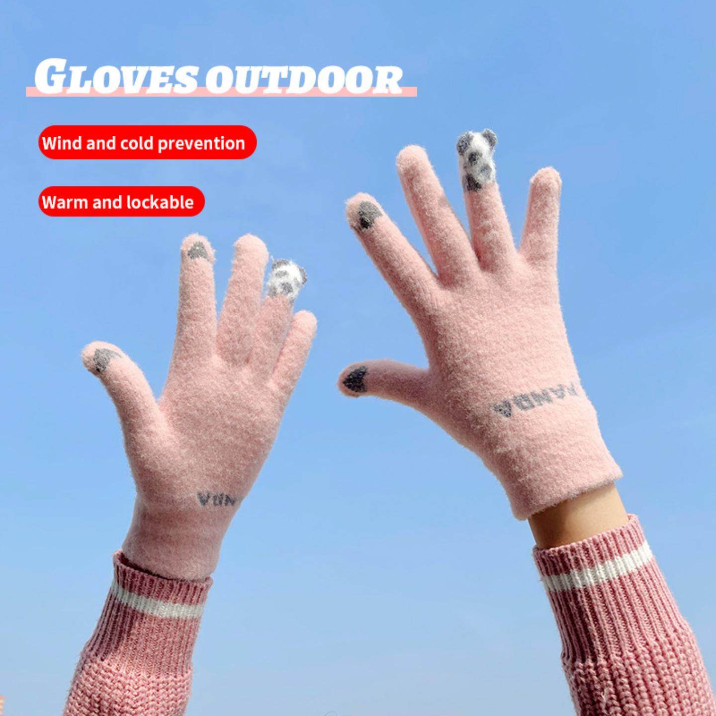 新款冬季毛绒手套女士防寒触屏骑车针织分指韩版可爱学生保暖手套