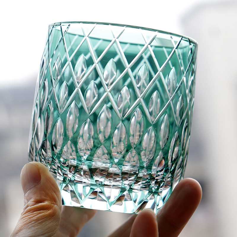 金致手工水晶玻璃杯竹之善洛克威杯绿远雷威士忌酒杯日式江户切子