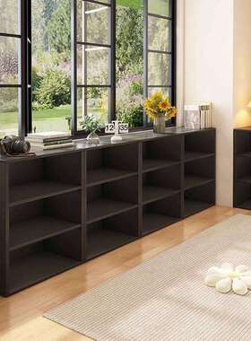 书架置物架一体靠墙黑色简约格子柜中古客厅收纳储物柜矮柜子书柜