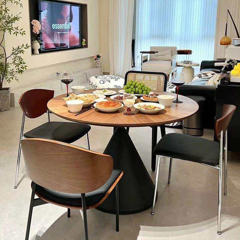 中古风实木餐桌圆形桌子家用小户型圆桌法式复古简约餐桌椅组合