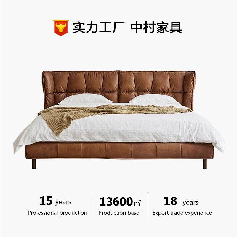 轻奢复古全真皮床卧室主卧大床高端大气双人床中古风拉点设计皮床