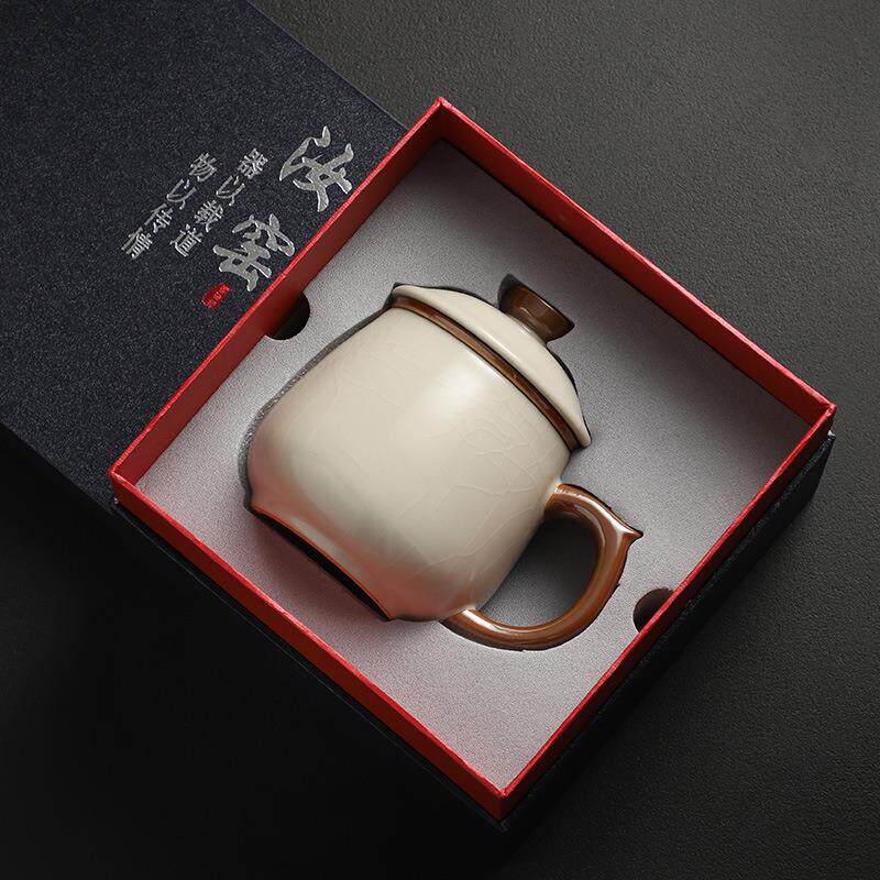 高档黄汝窑茶杯办公杯茶水分离泡茶杯男士个人专用陶瓷过滤杯子大