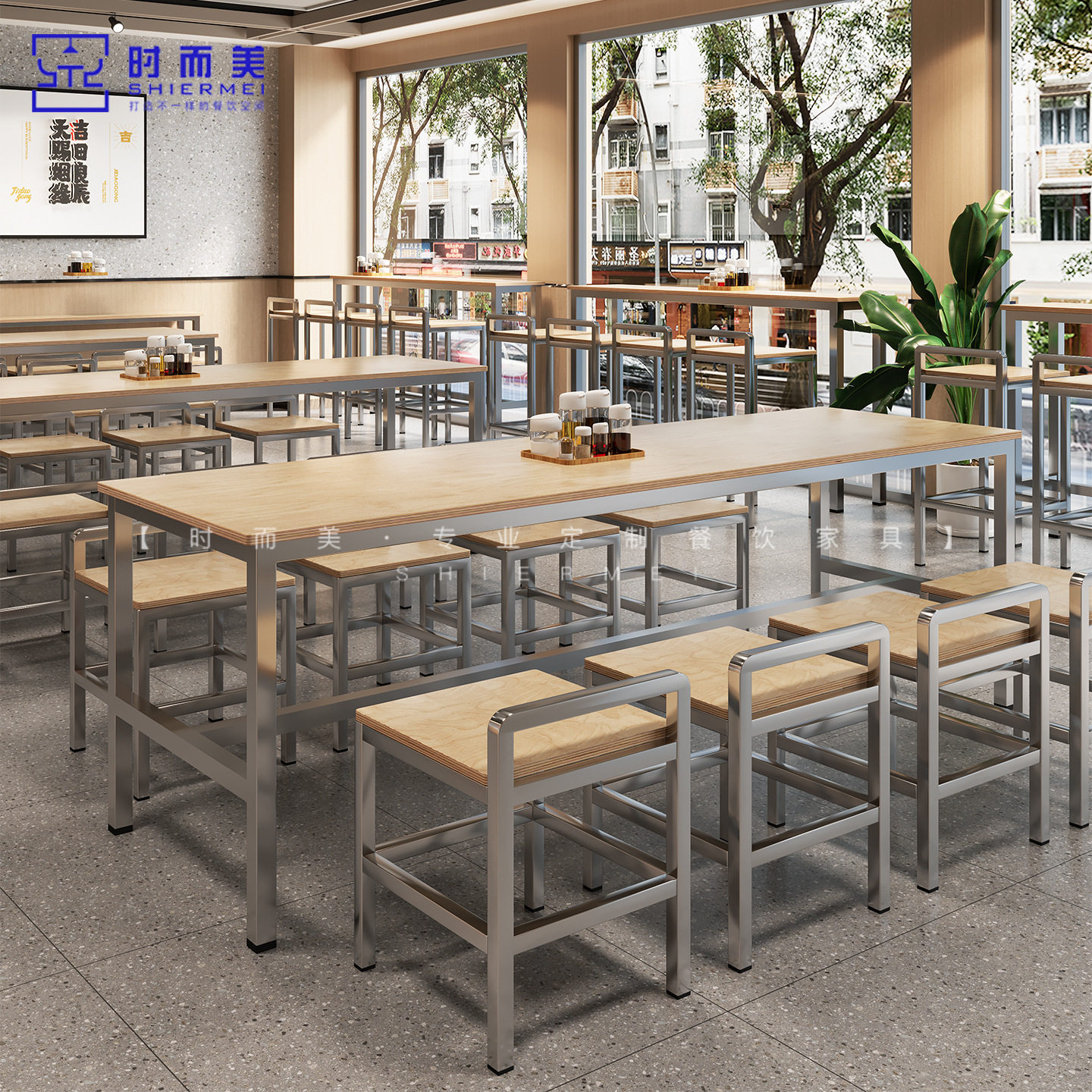 餐饮店大长桌粉面店小吃简餐店海洋板桌椅员工餐厅食堂不锈钢椅子