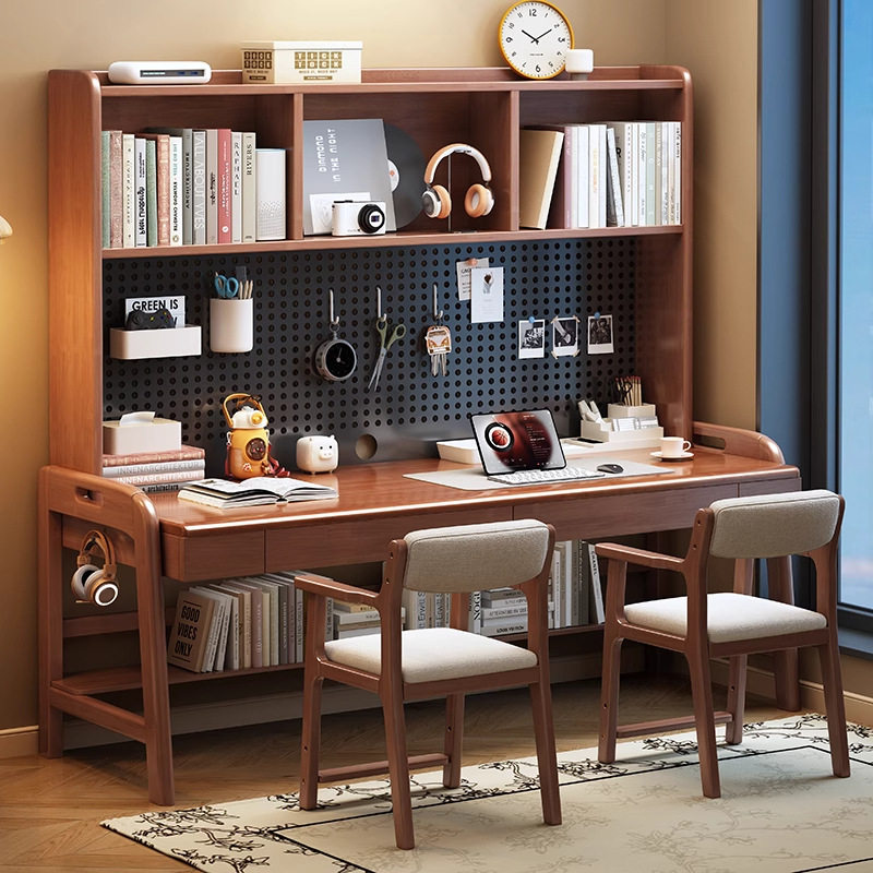 实木双人书桌带洞洞板收纳置物架儿童学习桌卧室书房客厅作业桌子
