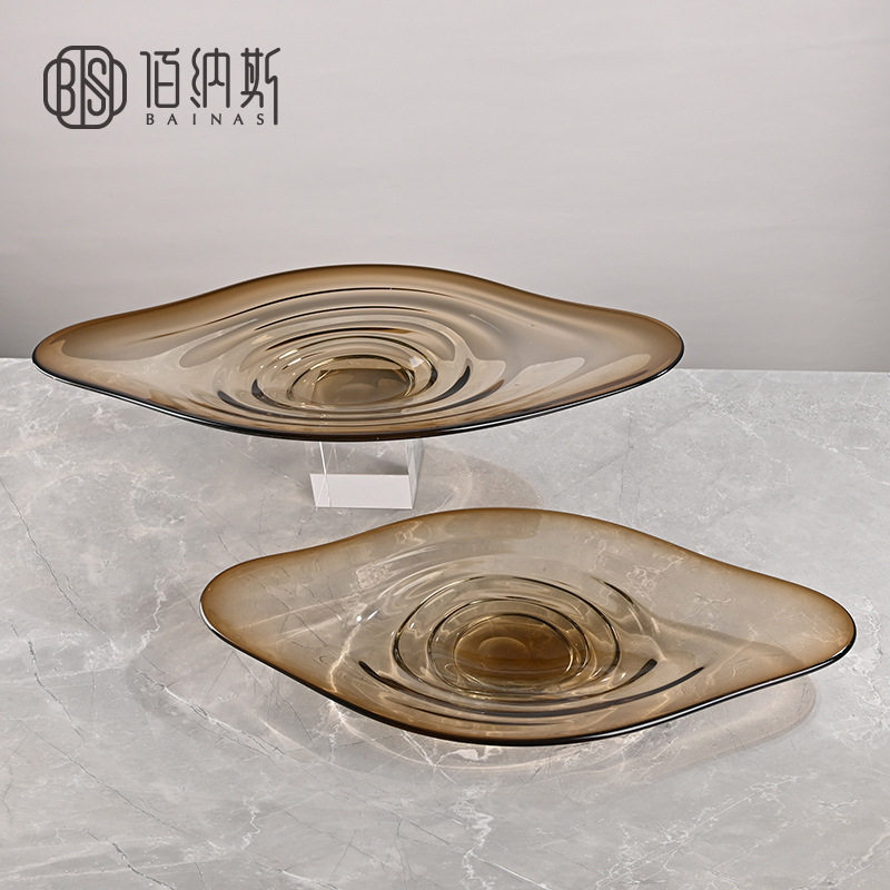 新款品质简约扁长款烟灰色创意大水果盘酒店别墅客厅软装饰品摆件