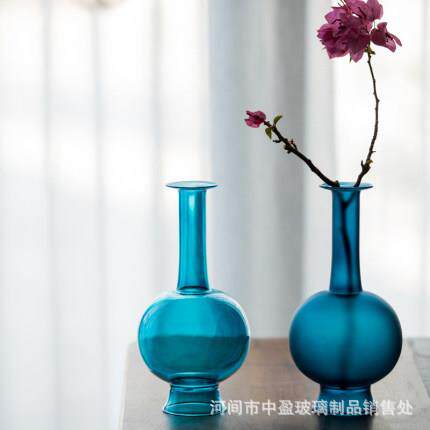 日式蓝色玻璃花瓶透明磨砂新中式琉璃花器摆件文人器花道插花