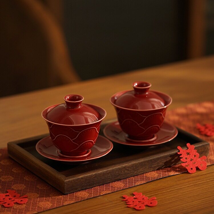 结婚改口敬茶杯一对红色陶瓷盖碗杯子套装新人婚礼喜庆敬酒杯