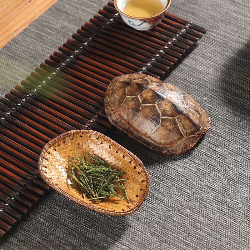 大漆竹编天然真乌龟壳茶则藤编龟甲赏茶茶荷文玩茶具配件富甲一方