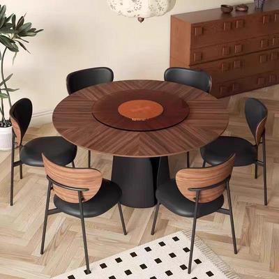 实木餐桌圆桌家用小户型法式复古风黑胡桃木圆形餐桌椅组合大圆桌