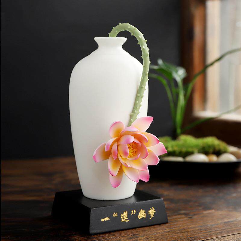 陶瓷手工莲花小摆件瓷花美人瓶博古架茶室办公室装饰工艺品