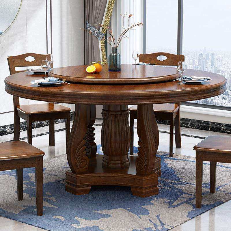 中式实木餐桌椅组合圆形桌子带转盘用餐农村饭店大小型家用圆型桌
