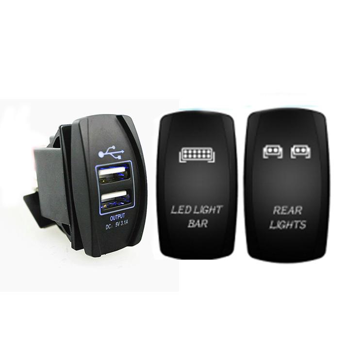 1X开关式5V3.1A车充+2X5PINON-OFF镭雕图案开关组合蓝灯