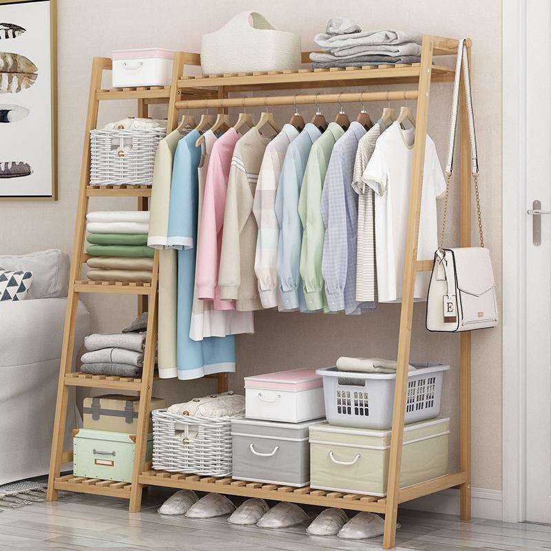 实木衣帽架落地卧室客厅挂衣架简约现代衣架子多功能梯形收纳架