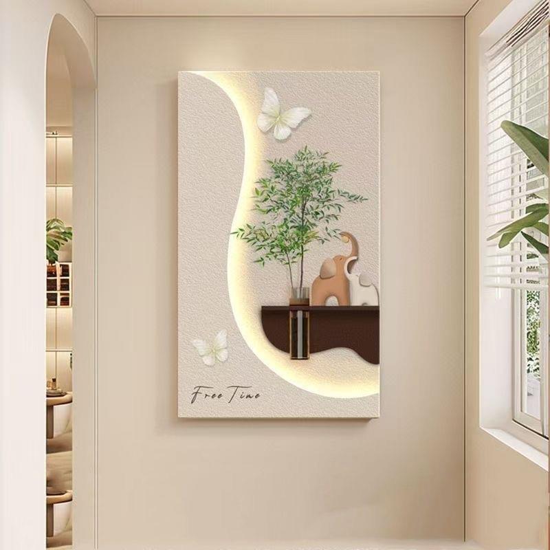 DE-059奶油风水培绿植过道玄关画灯光装饰画立体造景挂画