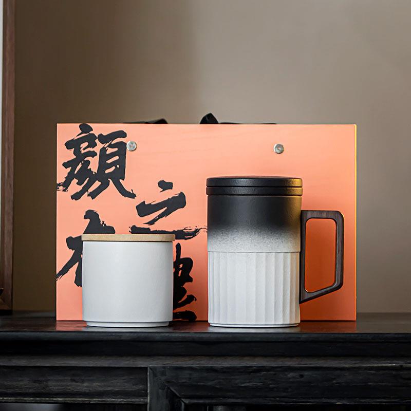 竖纹办公杯陶瓷马克杯带盖泡茶杯大容量茶水分离个人专用杯子茶滤
