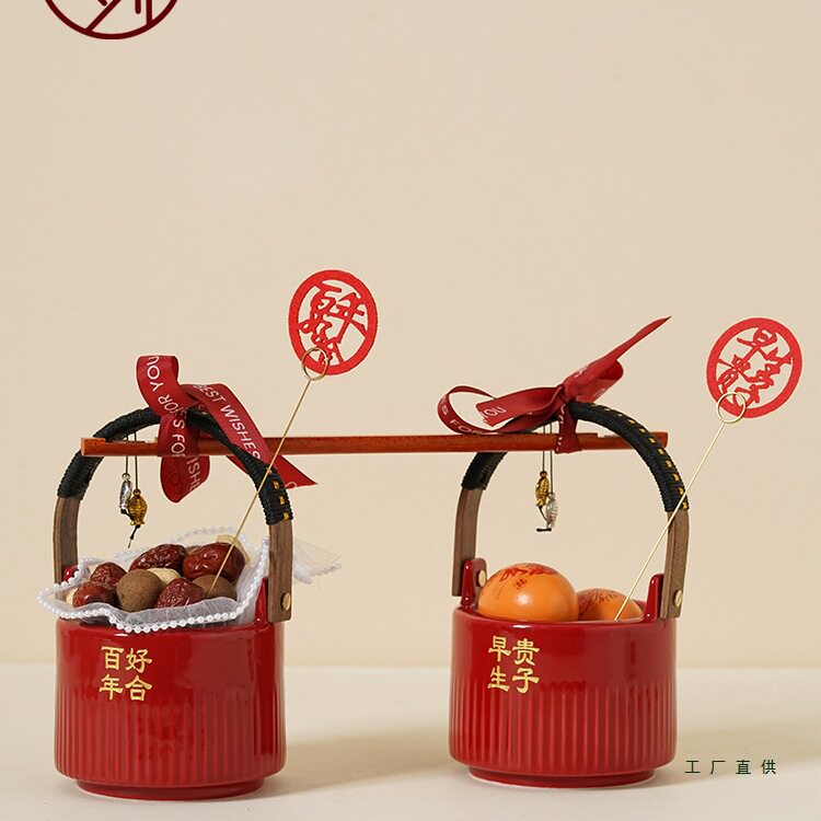 结婚陶瓷子孙桶一对新娘婚庆用品女方陪嫁红色喜桶娘家嫁妆品