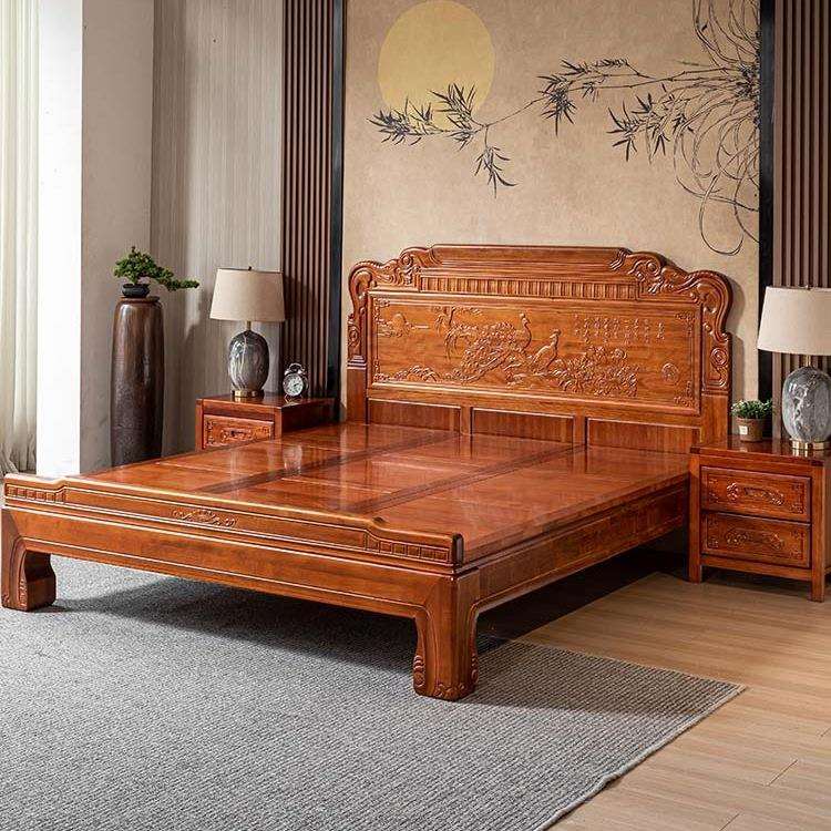 金花梨木实木床新中式大床卧室1米8双人床榫卯结构加厚仿古雕花床