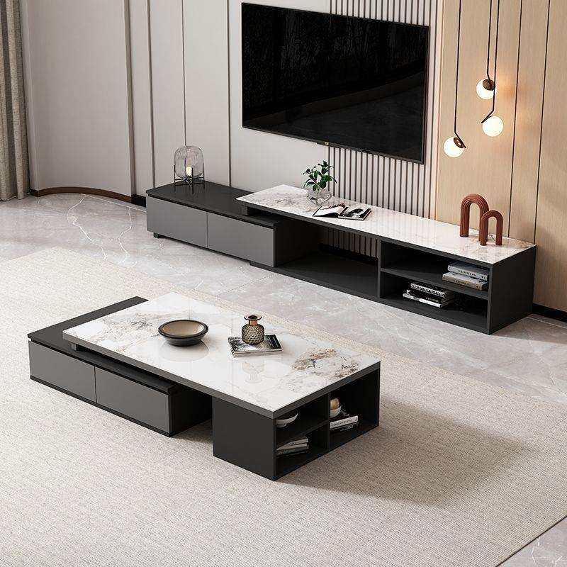 现代简约实木茶几电视柜组合客厅家用小户型可伸缩岩板方形茶几