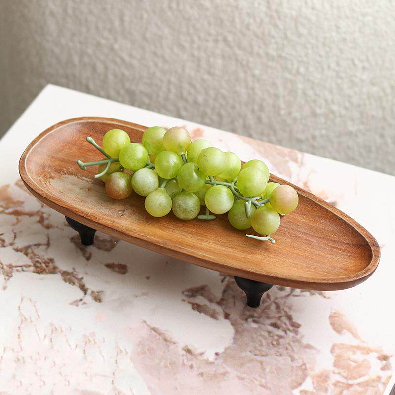 现代新中式木质带脚托盘摆件茶几实木果盘客栈民宿桌面装饰品摆设