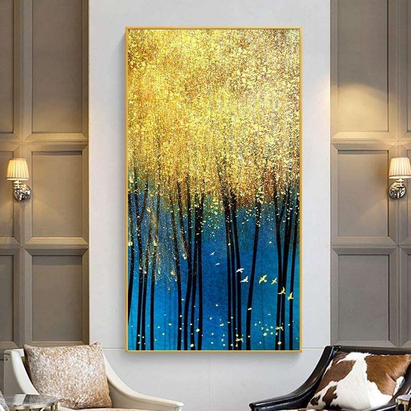手绘油画闪耀发财树玄关竖版装饰画入户壁画走廊过道现代轻奢挂画
