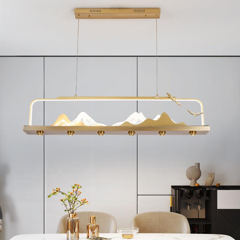 新中式全铜餐厅吊灯2023新款创意艺术山水长条茶室灯餐桌吧台灯具