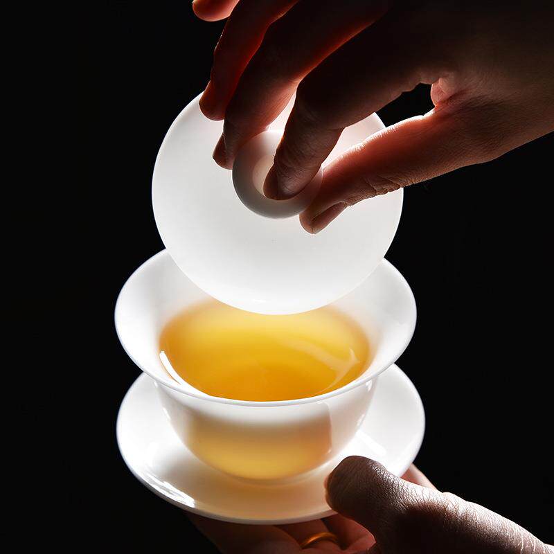 德化3.8寸三才盖碗冰种玉瓷茶碗简约中式透亮如玉泡茶碗家用瓷器