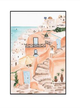 Santorini的海边夏日餐厅装饰画小众文艺墙壁拍摄背景挂画砂岩画